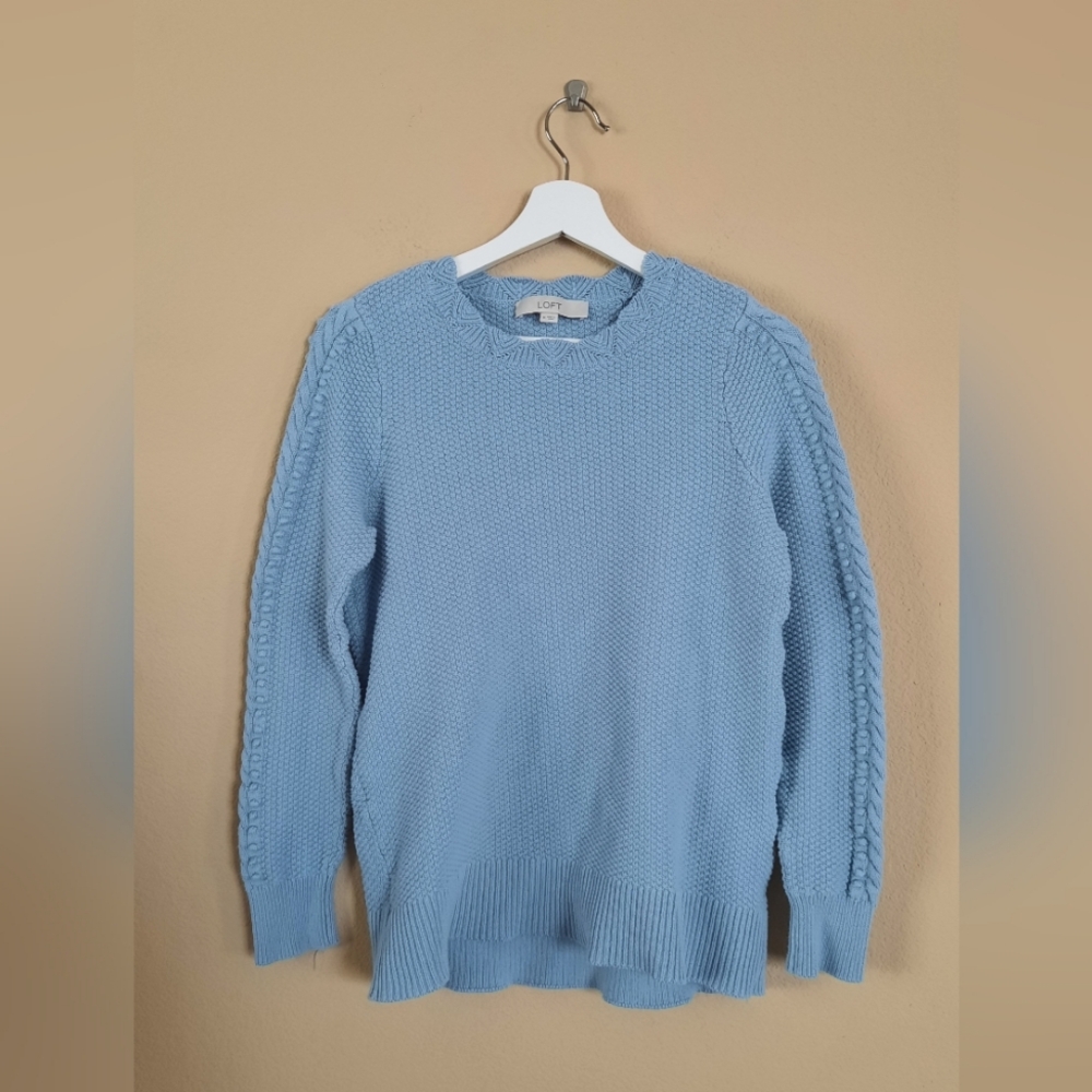 Loft Sky Blue Cotton Knit Sweater Scallop Edge